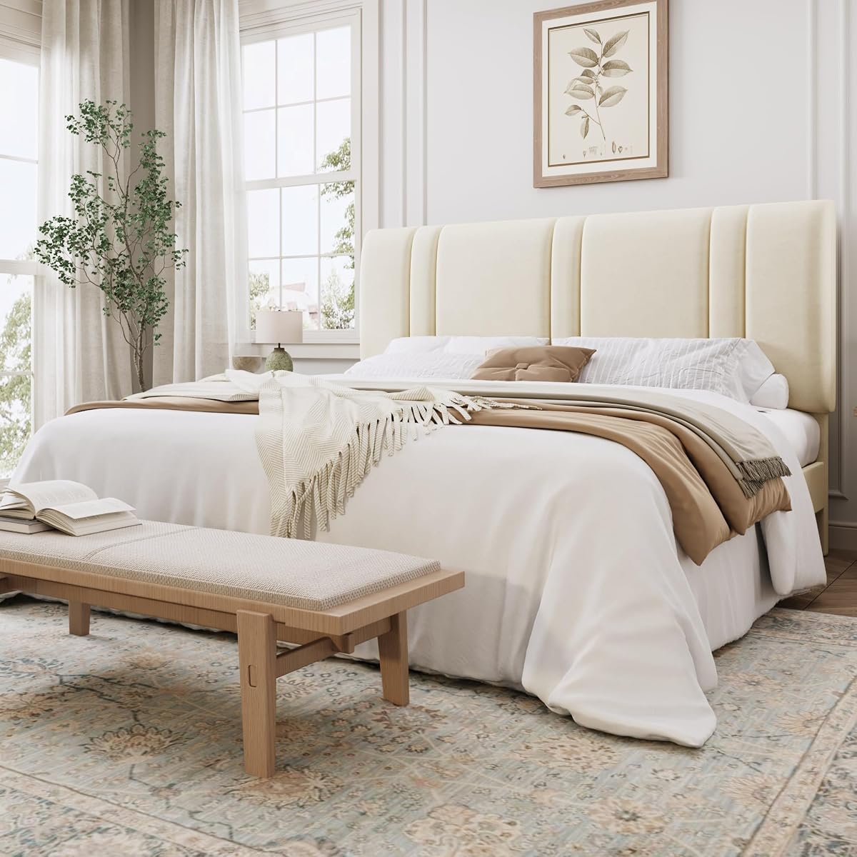 California King Size Bed Frame with Adjustable Headboard, Cream
