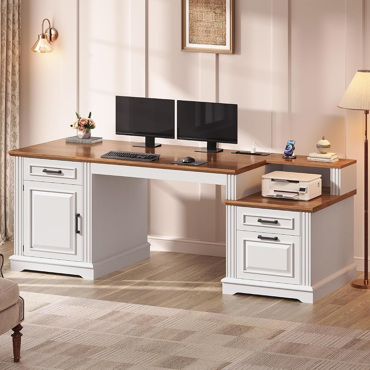 Farmhouse Executive Desk, 62'' Home Office Desk with File Drawers