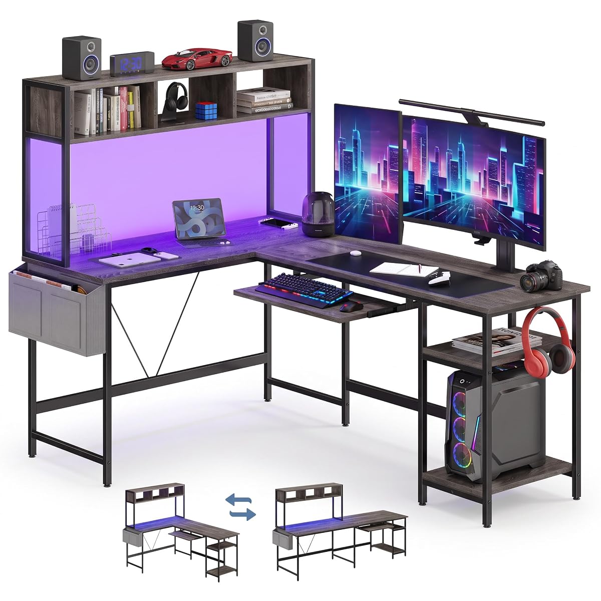 67" L Shaped Gaming Desk, Reversible Computer Desks with LED Lighting