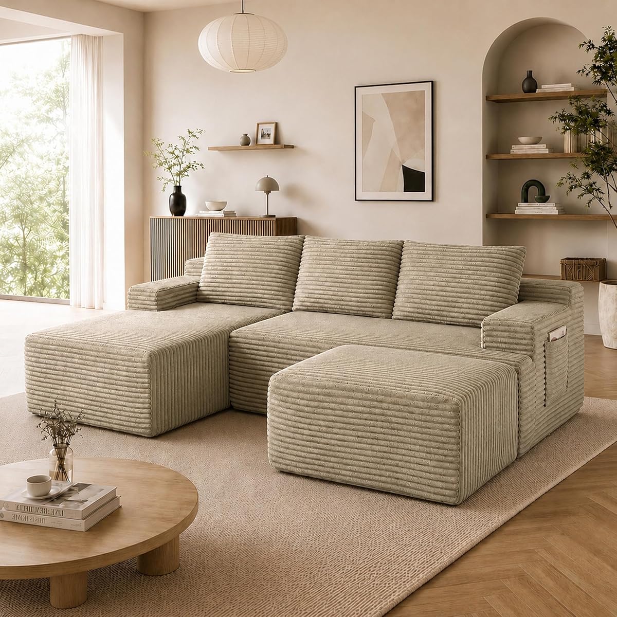 Boneless Couch, Modular Sectional Couches for Living Room, U-Shaped Cloud Couch Sofa with Deep Seat, Fluffy Corduroy Upholstered Corner Sofa