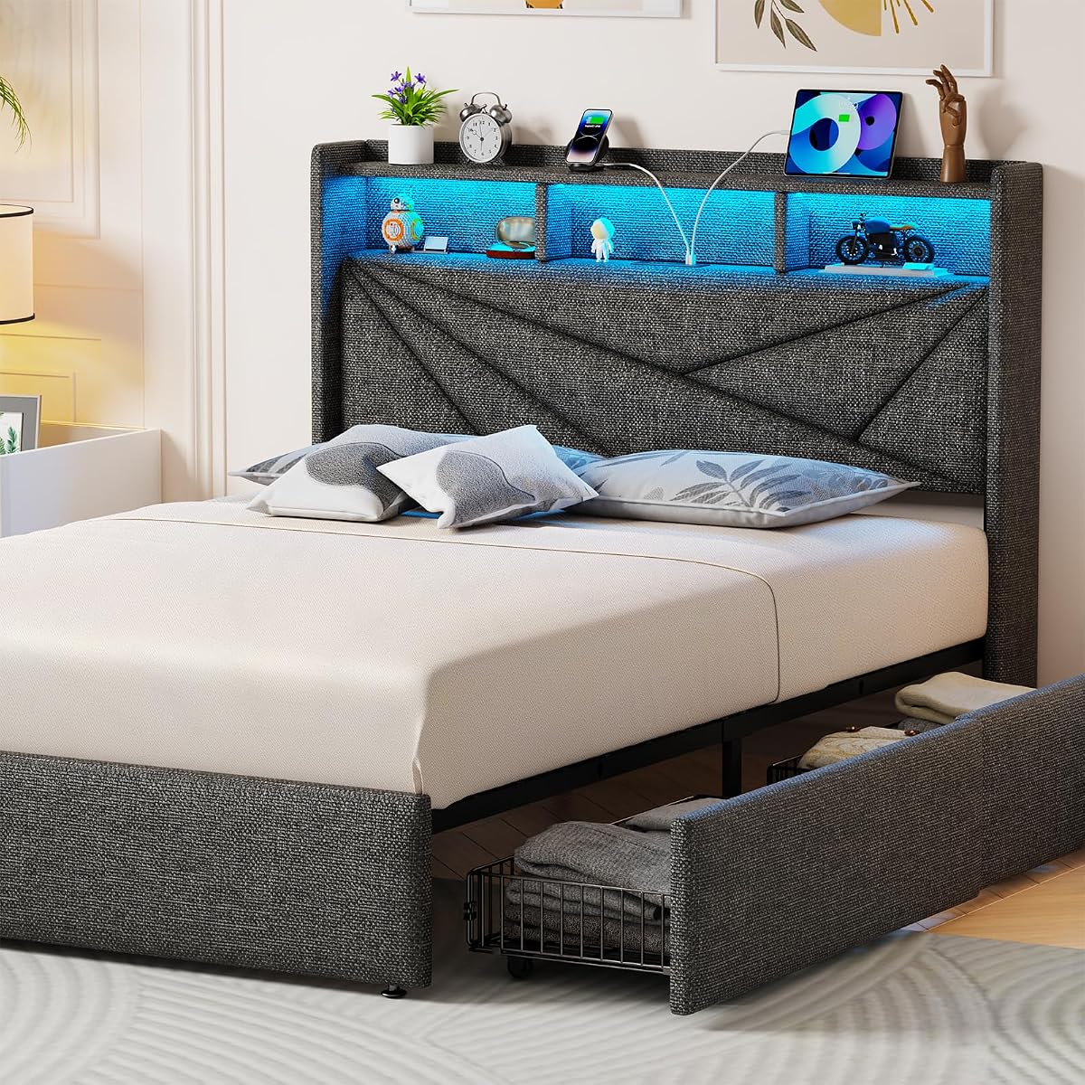 King Size Bed Frame with 4 Storage Drawers and LED Headboard