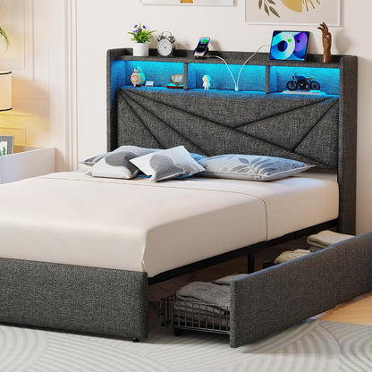 King Size Bed Frame with 4 Storage Drawers and LED Headboard