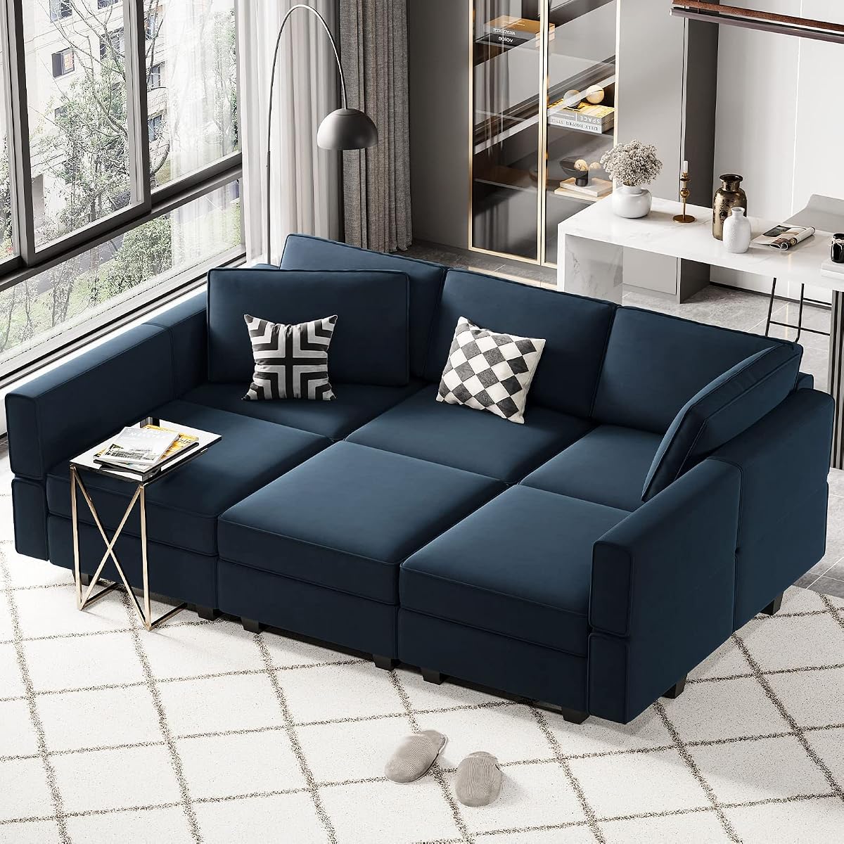 Modular Velvet Sectional Sofa with Chaise Lounge Sectional Sleeper Sofa with Storage Chaise Bed Couch for Living Room Blue