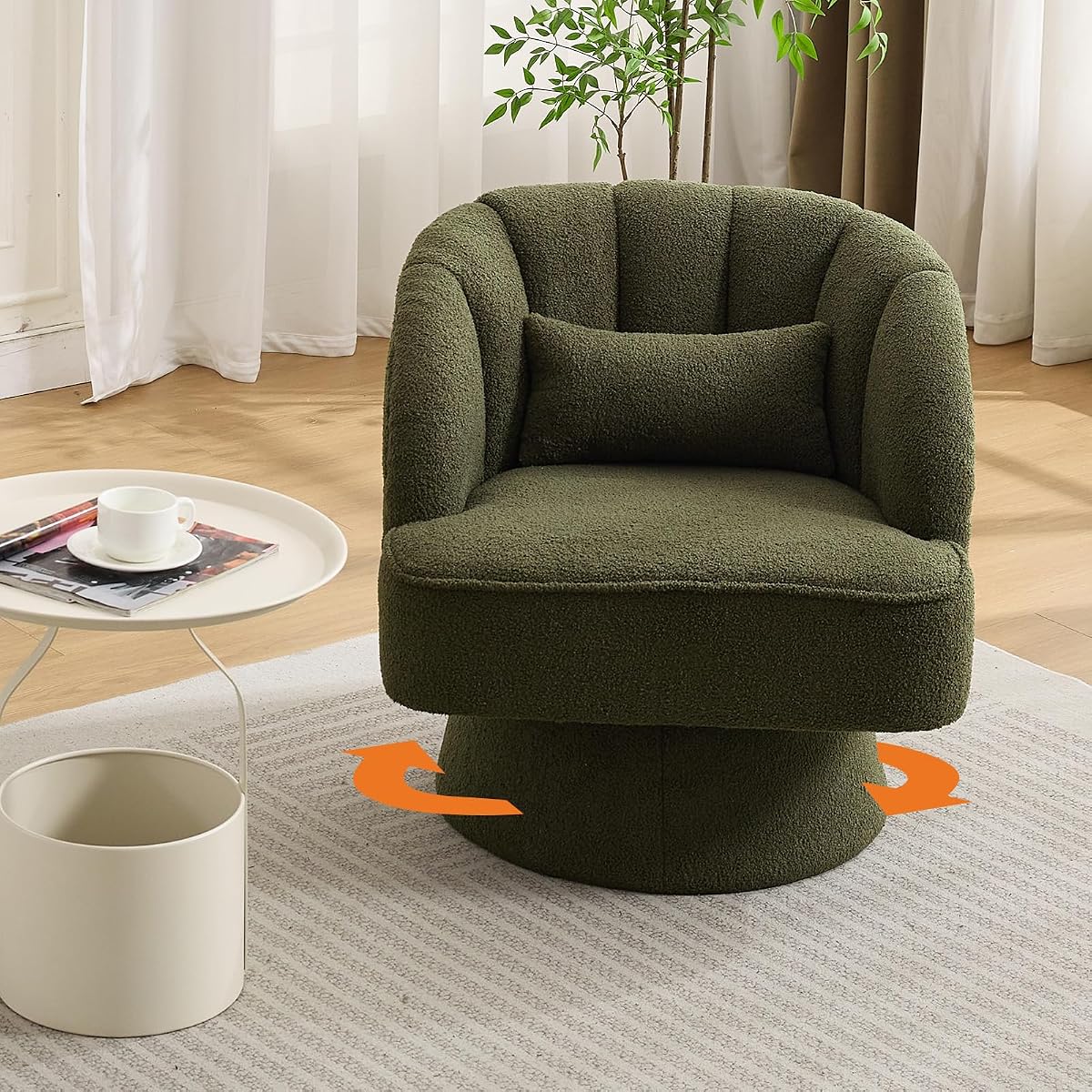 Modern Swivel Barrel Accent Chair, 360° Teddy Fabric Upholstered Armchair with Striped Backrest & Plush Padding, Comfy Round Lounge Chair for Living Room, Bedroom, Reading Nook, Green