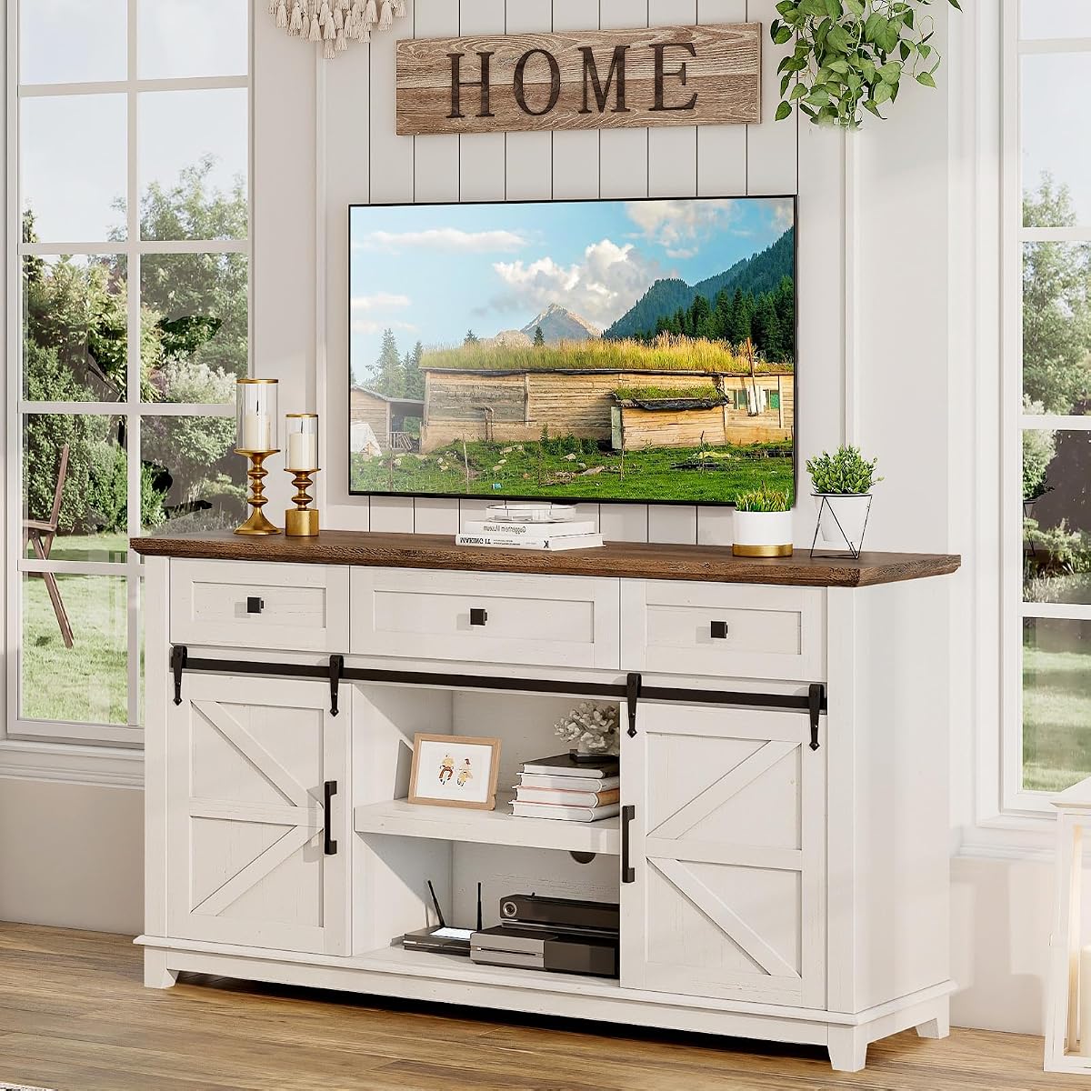 59" Farmhouse TV Stand with Storage Drawers, White & Barnwood