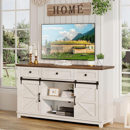 59" Farmhouse TV Stand with Storage Drawers, White & Barnwood