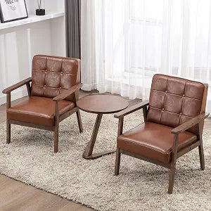 Accent Chairs Set of 2 with Side Table, Mid Century Modern Accent Chair, Retro Wood and Leather Armchairs Side Chair, Lounge Reading Comfy Armchair for Living Room, Bedroom, Office（Brown