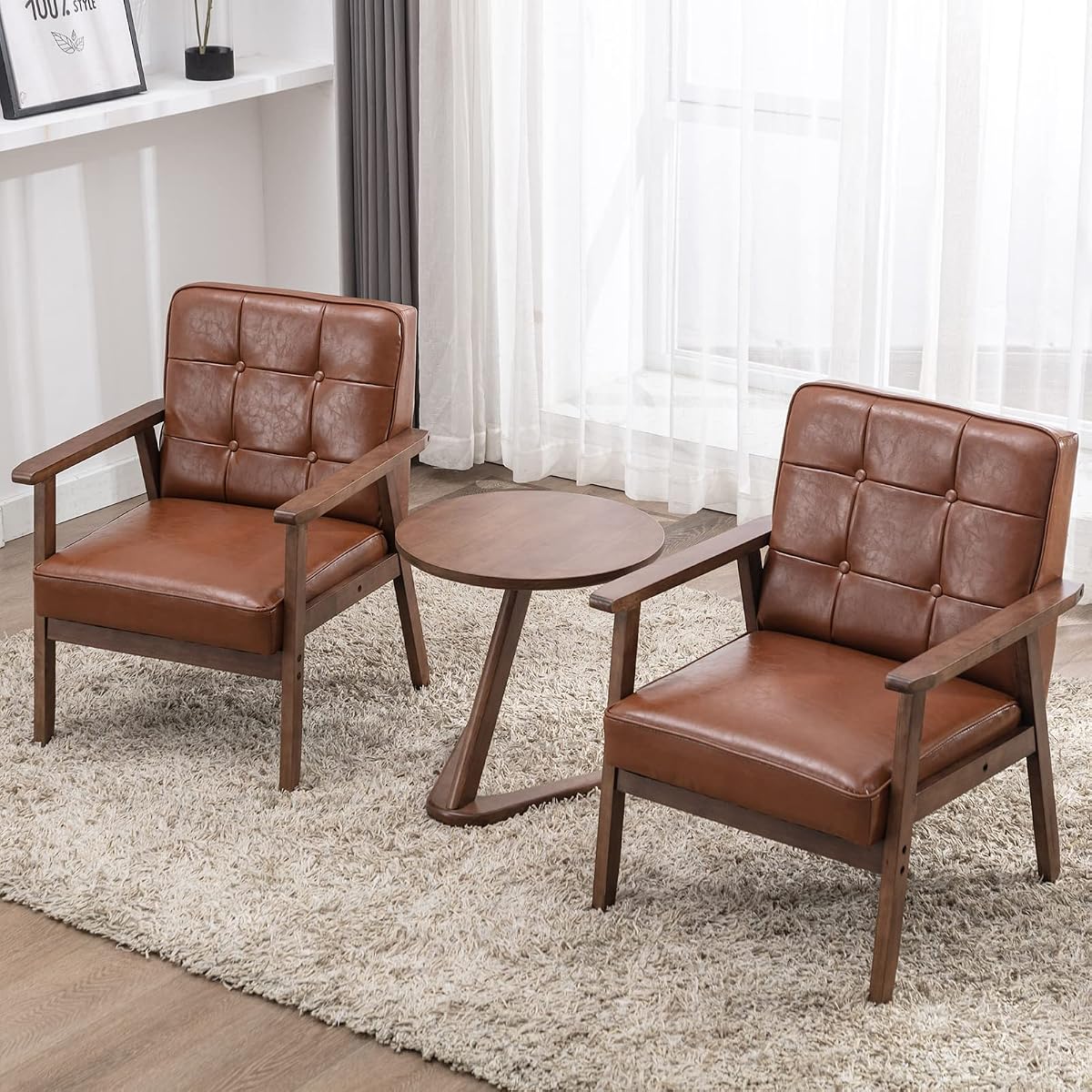 Accent Chairs Set of 2 with Side Table, Mid Century Modern Accent Chair, Retro Wood and Leather Armchairs Side Chair, Lounge Reading Comfy Armchair for Living Room, Bedroom, Office（Brown