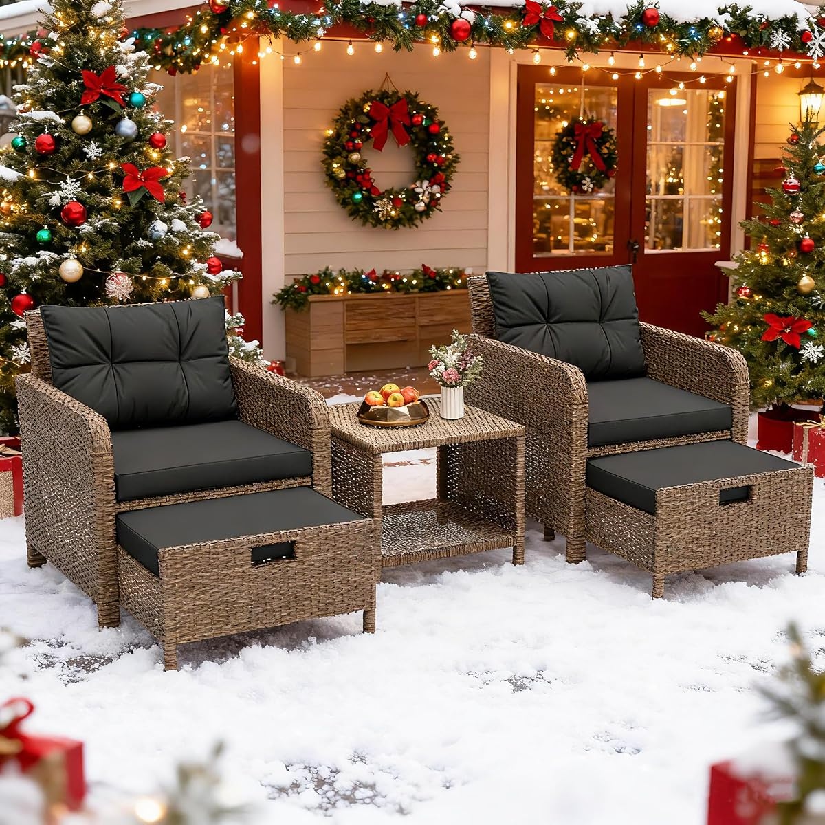 Balcony Furniture 5 Pieces Patio Set, Hand-Woven Rattan Patio Conversation Set with Soft Cushions & Coffee Table, Outdoor Chairs with Hidden Ottoman for Porch, Lawn, Garden, Balcony, Black