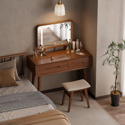 Solid Wood Makeup Vanity Desk with Mirror and Lights, Walnut