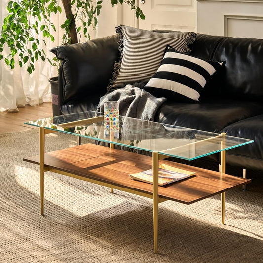 Saint Mossi Tadio Glass Coffee Table, Clear Double Layer Glass Coffee Table for Living Room, Clear Glass & Coffee Brown Bottom Shelf