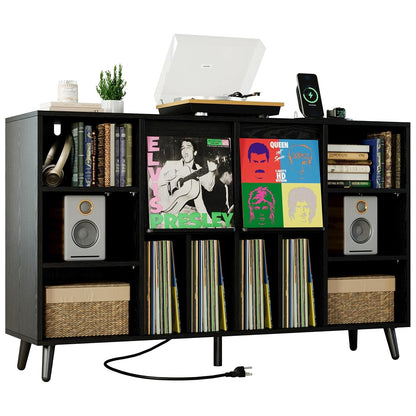 Record Player Stand with Charging Station, 55" Holds 450+ Albums