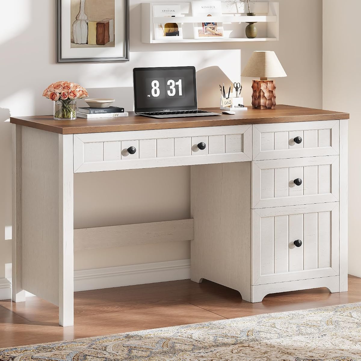 Farmhouse 47.2" Executive Desk with 3 Storage Drawers, Brown White