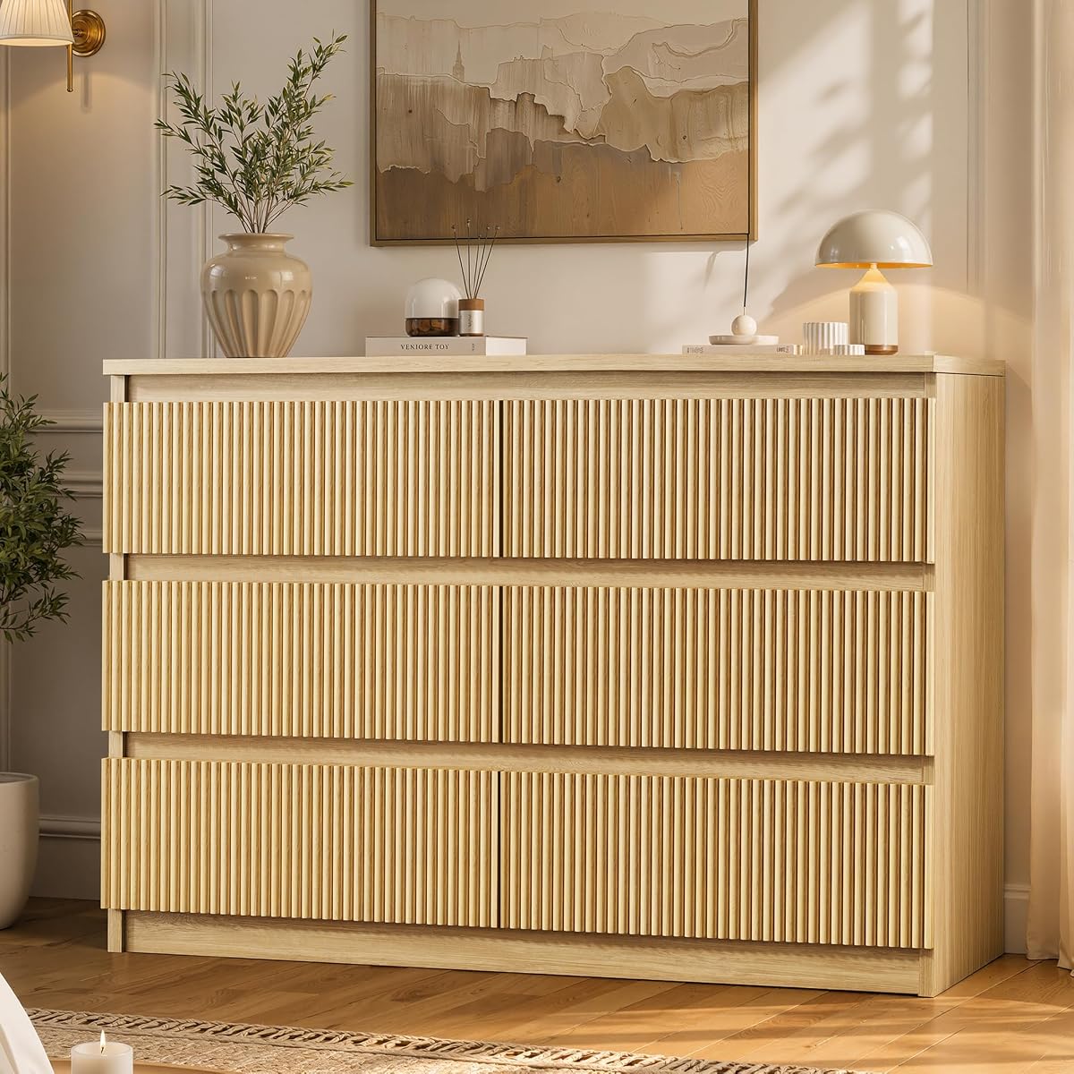 6 Drawer Fluted Dresser, Modern Chest of Drawers for Bedroom with Hidden Handles