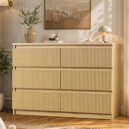 6 Drawer Fluted Dresser, Modern Chest of Drawers for Bedroom with Hidden Handles