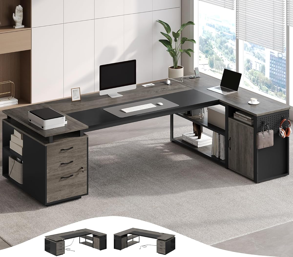78" Executive Desk with Lockable File Cabinet, L Shaped Office Desk with Power Outlets, Large Executive Desk with Drawers and Storage Shelves, Reversible Computer Desk with Privacy Screen, Grey