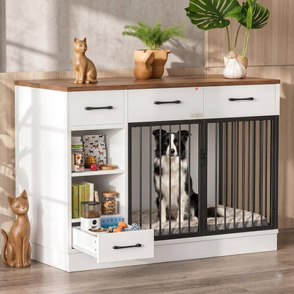 Dog Crate, 47.2" Dog Cage with Hidden Feeder Bowl & 3 Storage Drawers