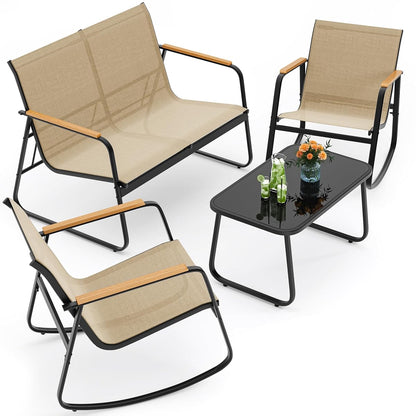 Outdoor Patio Furniture Set 4 Pieces, Conversation Textilene Fabric Chairs with Coffee Table Rocking Chairs Bistro Set for Backyard, Poolside, Porch (Brown)