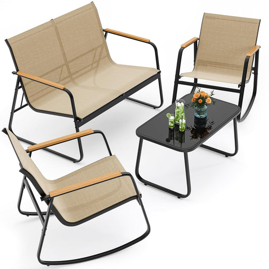 Outdoor Patio Furniture Set 4 Pieces, Conversation Textilene Fabric Chairs with Coffee Table Rocking Chairs Bistro Set for Backyard, Poolside, Porch (Brown)