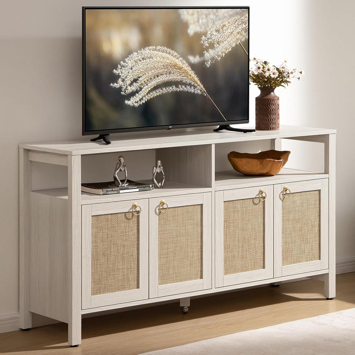 White Rattan TV Stand Entertainment Center Cabinet with 4 Doors