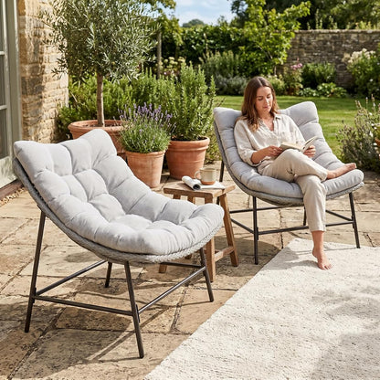 Outdoor Papasan Chairs Set of 2, Oversized Scoop Wicker Chairs with Cushions & Steel Frame, Double Comfy Conversation Reading Furniture for Apartment Patio, Porch, Deck, Balcony