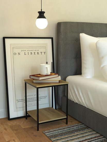 End Table with Bottom Shelf, Living Room Side Table, Steel Frame, Oak Woodgrain Finish, Modern Design