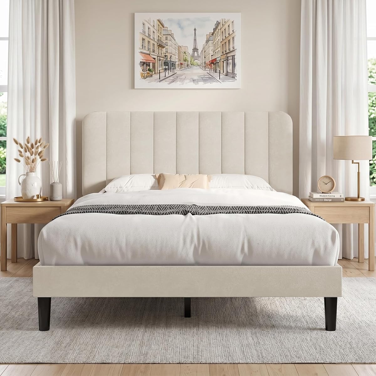 Queen Size Bed Frame with Upholstered Headboard