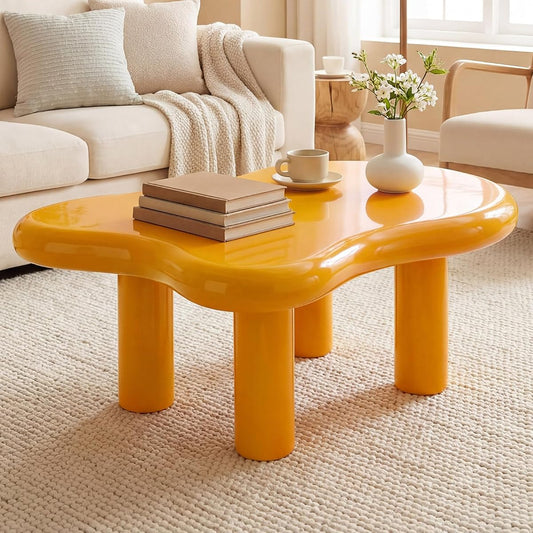 35" Modern Irregular Cloud Coffee Table Yellow Center Desk Minimalist Low Profile Tea Stand Unique Pebble Shape Sofa Side Table for Living Room Bedroom Office Apartment Furniture