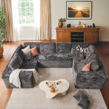 Sectional Cloud Couch for Living Room, Modular Floor Sofa with Plush Corduroy, No Assembly Required, Big Comfy Couches Set with Fluffy Memory Foam, Stupendous U Shaped Sofas with Chaise, Grey