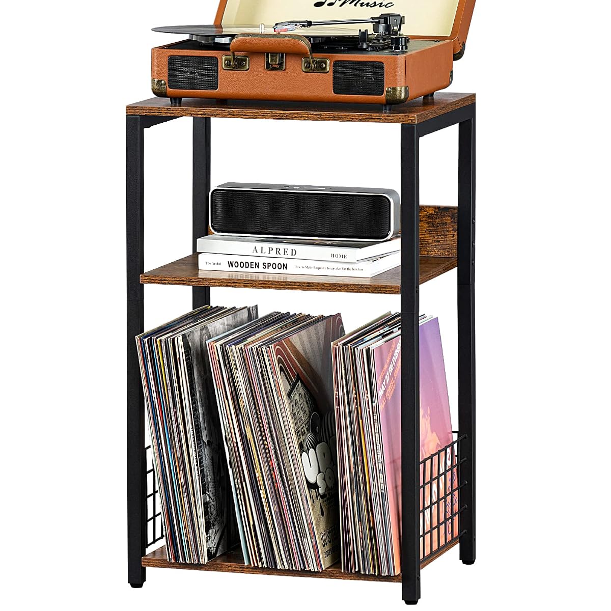 3 Tier End Table, Record Player Stand with Storage Up to 100 Albums