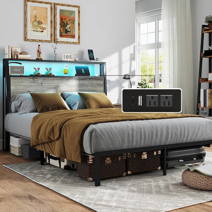 Queen Size Bed Frame with 2-Tier Storage Headboard, Rustic Grey