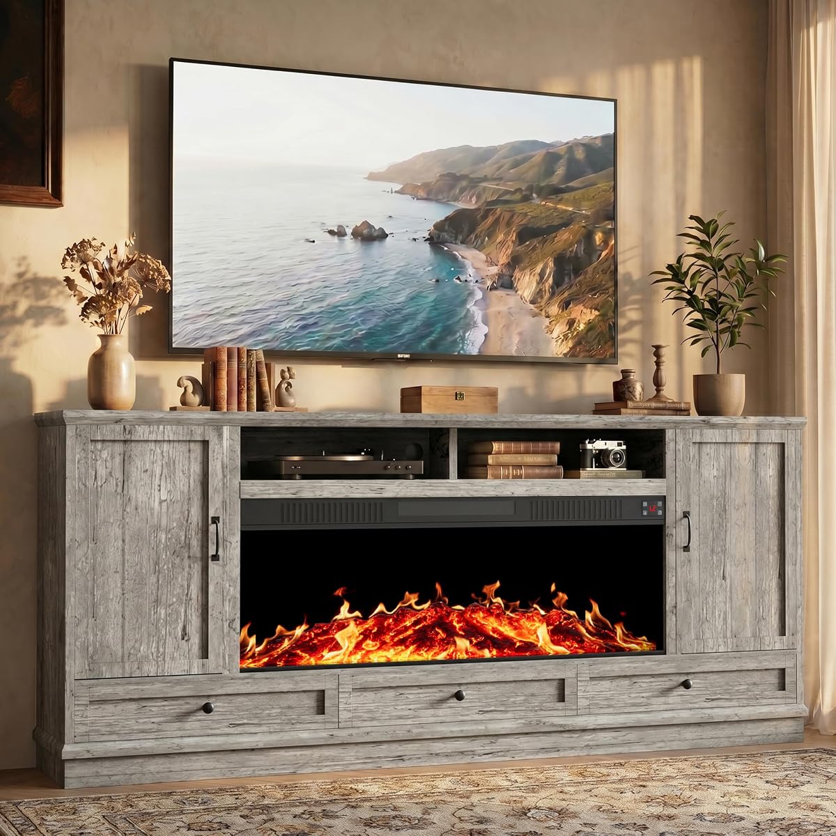 85" Large TV Stand with 47" Fireplace, 85" W & 39" H, Gray