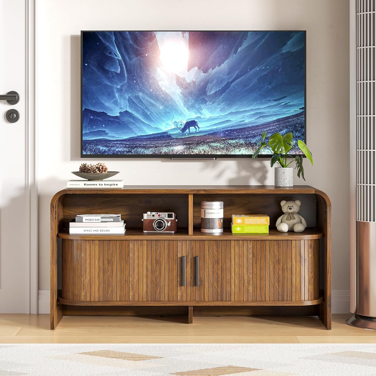 Small TV Stand for Bedroom, Low Fluted TV Console for 40 43 Inch