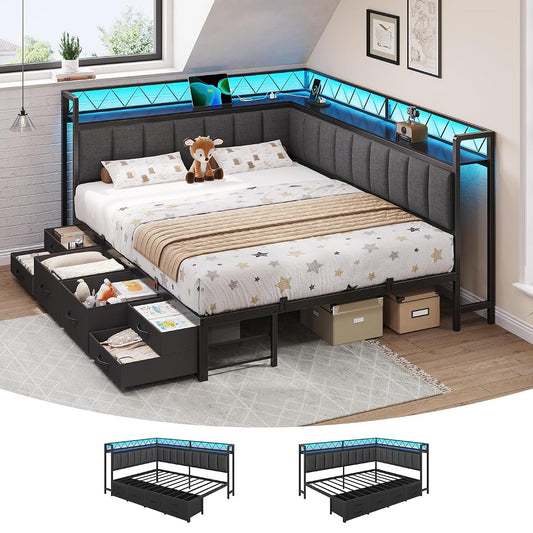 Corner Queen Bed Frame with 6 Storage Drawers and Upholstered Guardrail