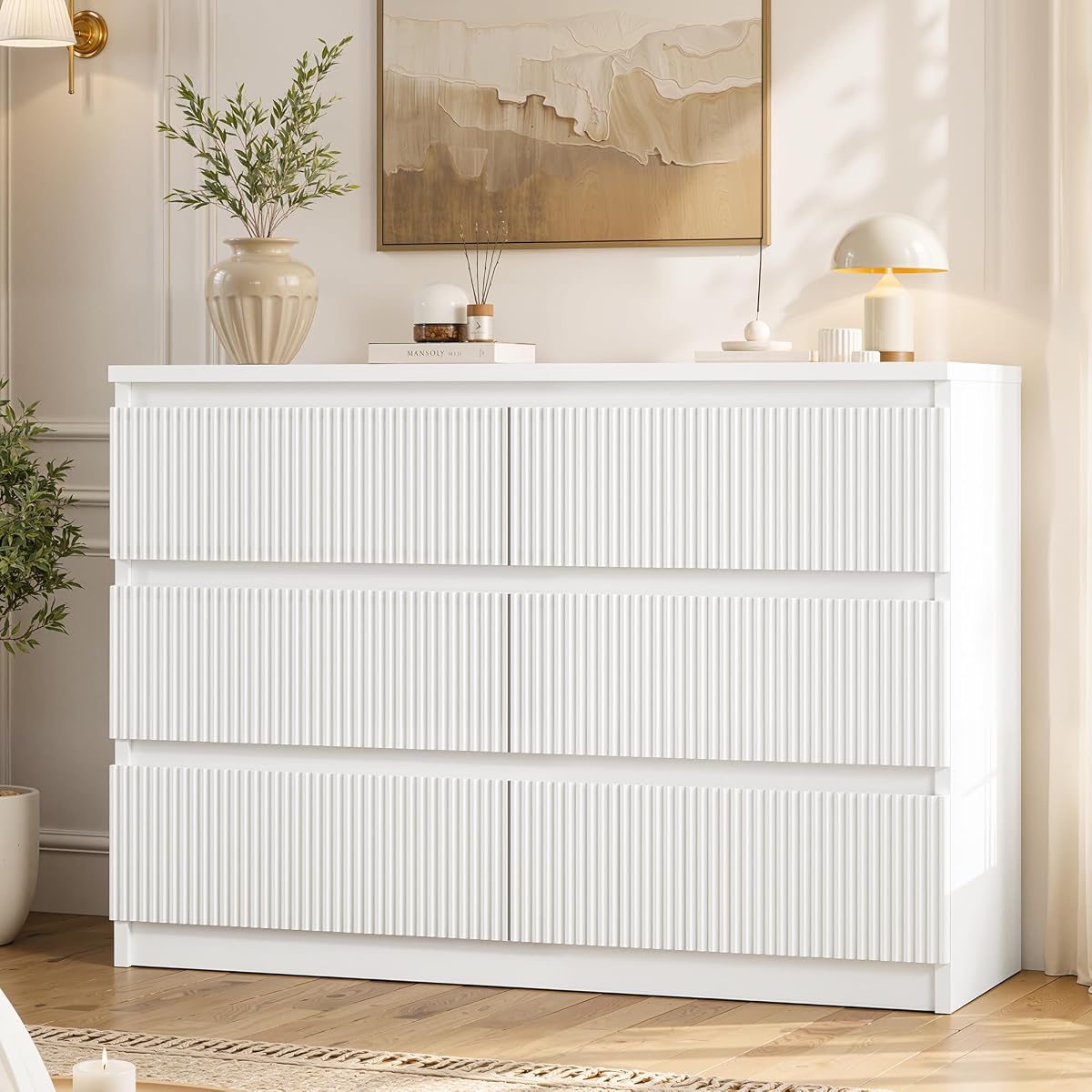 6 Drawer Fluted Dresser, Modern Chest of Drawers for Bedroom with Hidden Handles