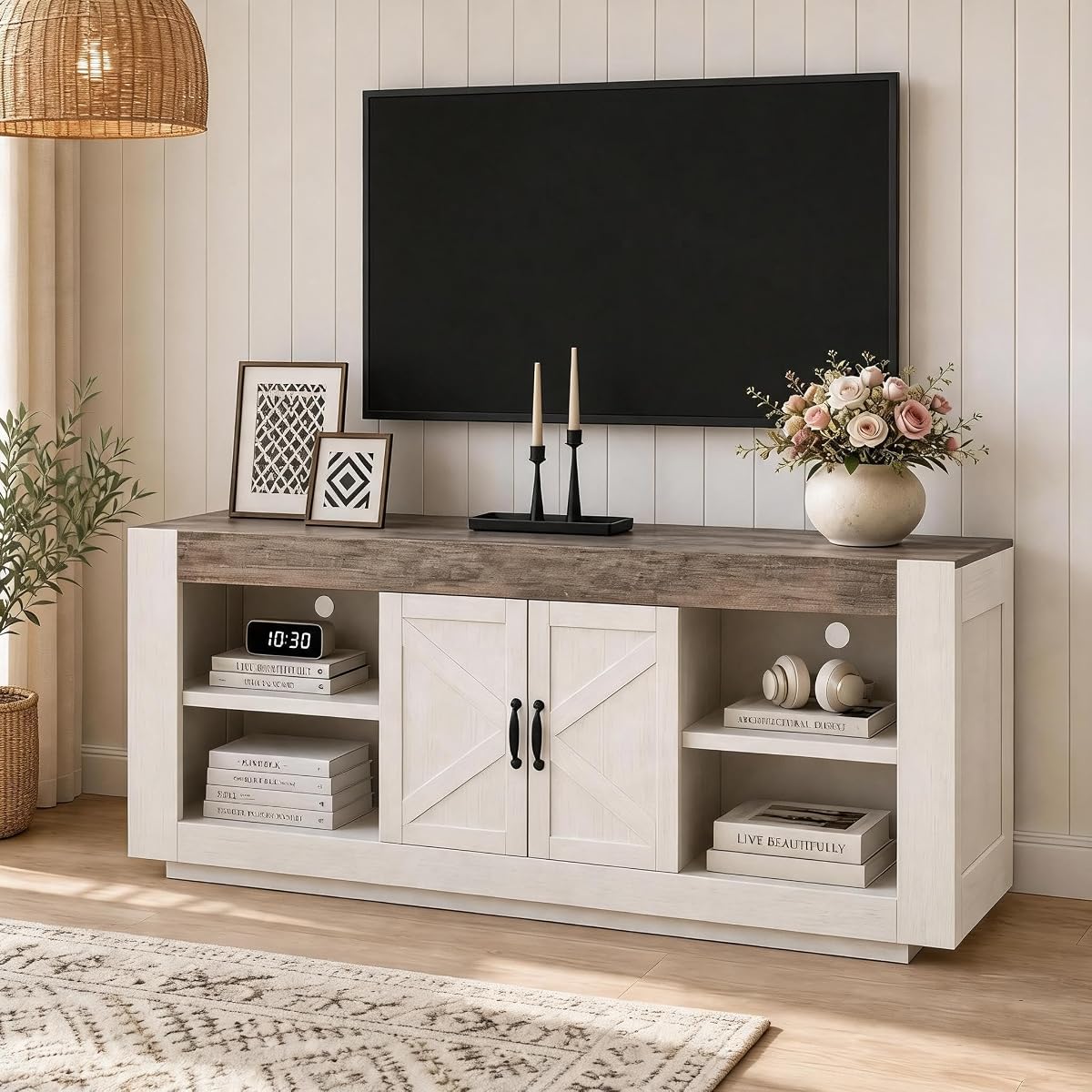 Farmhouse TV Stand for TVs up to 65", Thick Board Media Console