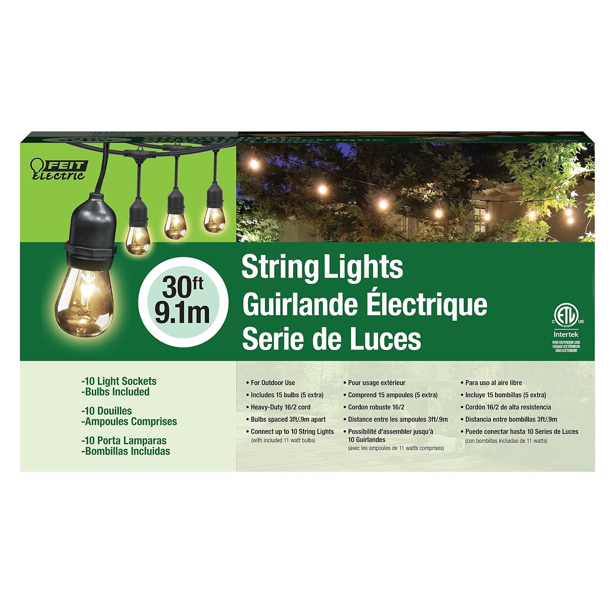 30ft Outdoor Incandescent String Lights, Warm Amber Glow, Heavy-Duty Weatherproof Cord, Includes 10 Clear Bulbs + 5 Spares, End-to-End Connectable for Patios and Gazebos, SL30-10