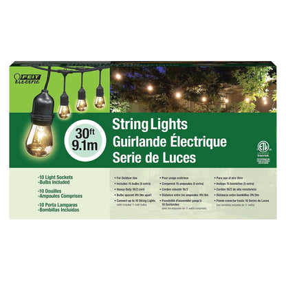 30ft Outdoor Incandescent String Lights, Warm Amber Glow, Heavy-Duty Weatherproof Cord, Includes 10 Clear Bulbs + 5 Spares, End-to-End Connectable for Patios and Gazebos, SL30-10