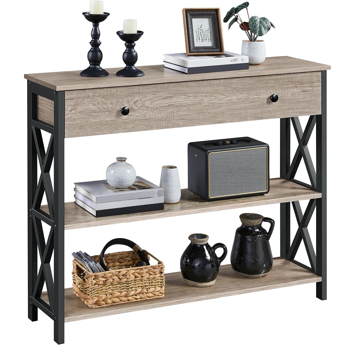 Yaheetech Console Table with Drawer, Entryway Table with 3 Tier Storage Shelves, Narrow Long Sofa Table for Entryway, Living Room, Hallway, Couch, Kitchen, Metal Frame, Gray