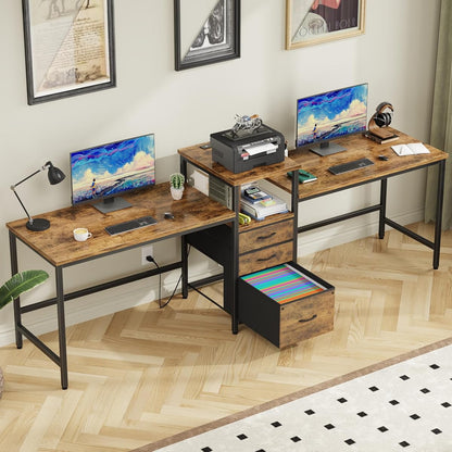 93'' Two Person Desk with Charging Station, Long Desk with 3 Drawers and Printer Shelf, Double Computer Desk, 2 Person Writing Study Table Workstation for Home Office, Rustic Brown