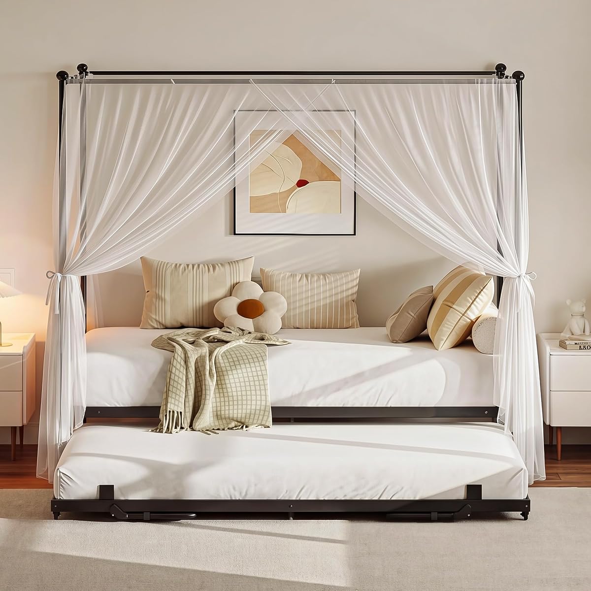 Twin Daybed with Trundle, Canopy Bed with Pop Up Trundle, Black