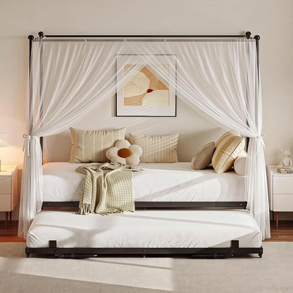 Twin Daybed with Trundle, Canopy Bed with Pop Up Trundle, Black