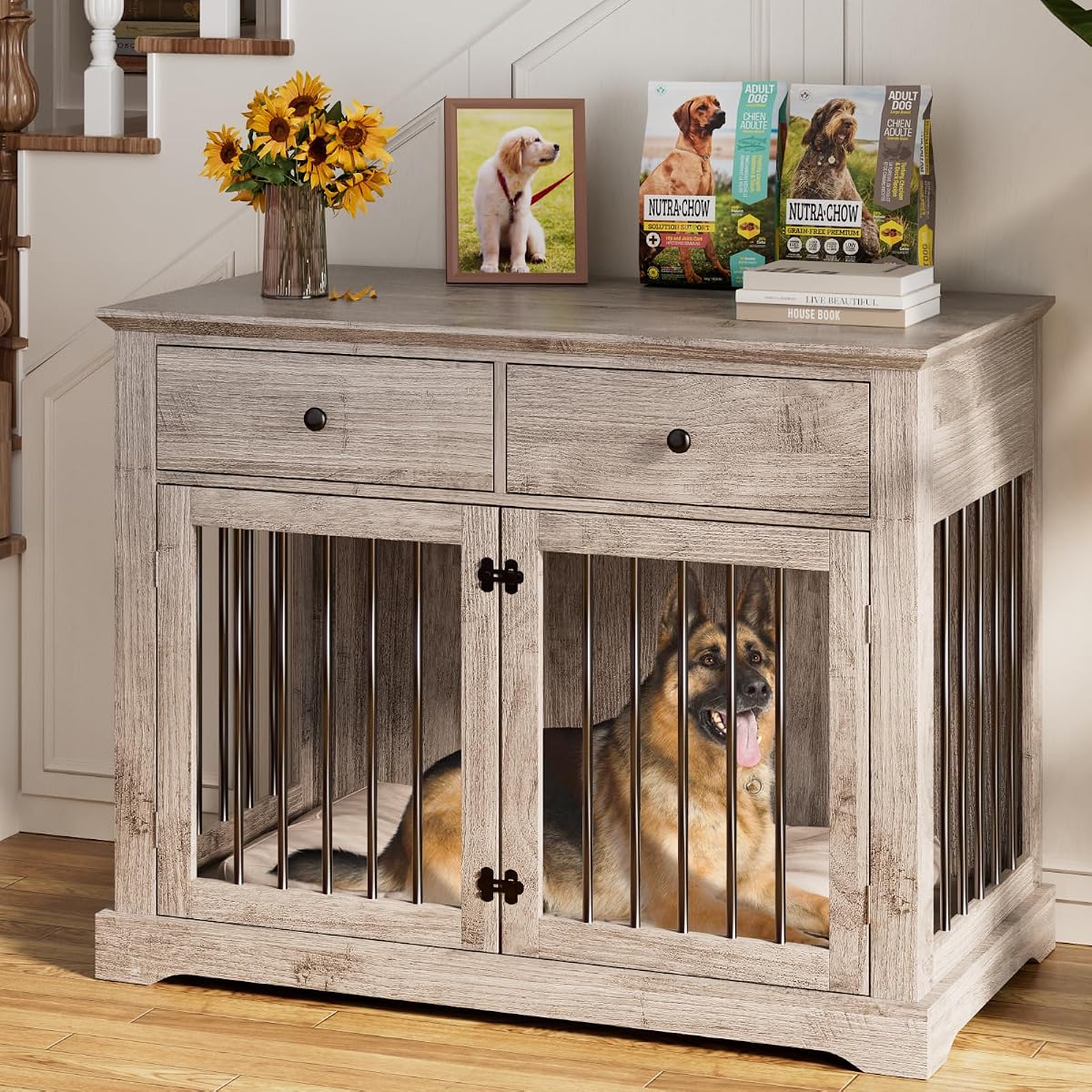Large Dog Crate Furniture with 2 Drawers, 44 Inch Wooden Dog Kennel Indoor