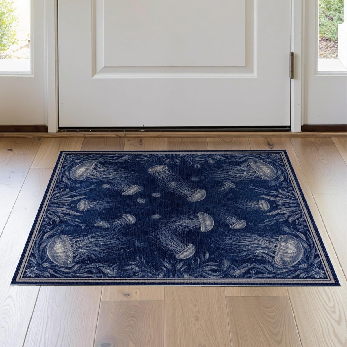2'x3' Blue Deep Ocean Jellyfish Design Washable Doormat | Mystical Underwater World with Marine Animals Non-Slip, Low Pile for Entryway, Kitchen, Laundry Room