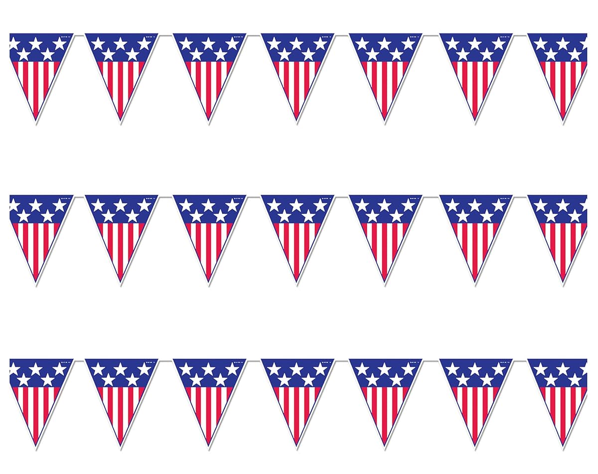 Beistle Spirit of America Triangle Pennant Banners, 11” x 12’, 3 Pack – Patriotic Flag Porch Decorations, Stars & Stripes Party Supplies for 4th of July & Memorial Day, Red, White & Blue Holiday Decor