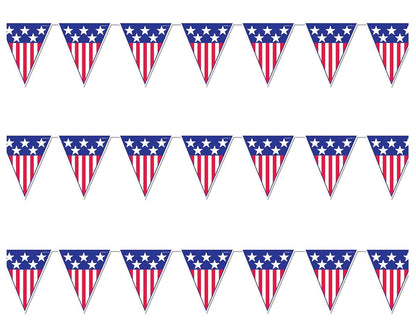 Beistle Spirit of America Triangle Pennant Banners, 11” x 12’, 3 Pack – Patriotic Flag Porch Decorations, Stars & Stripes Party Supplies for 4th of July & Memorial Day, Red, White & Blue Holiday Decor