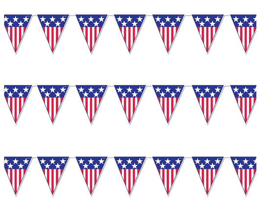 Beistle Spirit of America Triangle Pennant Banners, 11” x 12’, 3 Pack – Patriotic Flag Porch Decorations, Stars & Stripes Party Supplies for 4th of July & Memorial Day, Red, White & Blue Holiday Decor