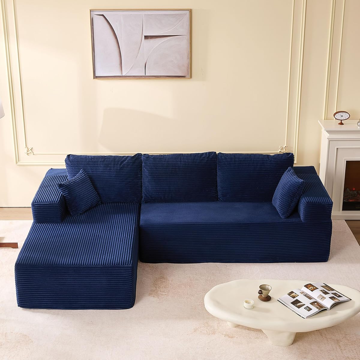 107" Boneless Couch with Deep Seat, Modular Sectional Sofa, Cloud Sectional Couch for Living Room, No Assembly Required, Corduroy, L-Shape Left, Blue