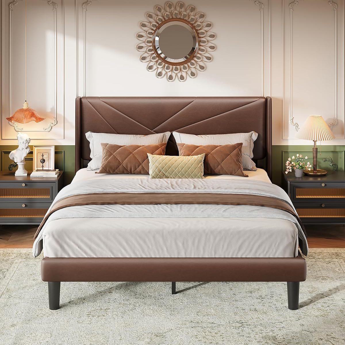 Queen Size Bed Frame with Upholstered Wingback Headboard