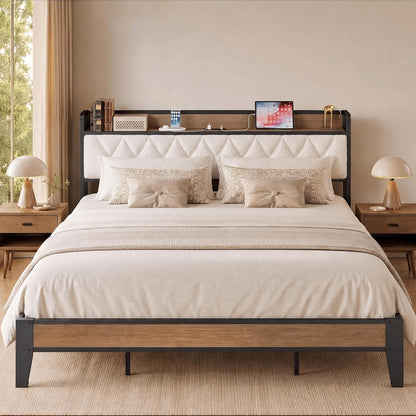 California King Bed Frame with Charging Storage Headboard